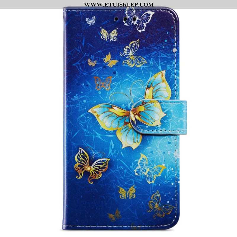 Etui Folio do iPhone 15 Plus z Łańcuch Motyle W Locie Z Paskiem